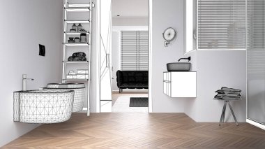Proje taslağı, lavabosu, rafları ve banyo aksesuarları olan minimalist banyonun taslağı oturma odasının üzerindeki kapı, parke, pencereli panjurlar, iç tasarım, özel mobilyalar.