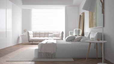 Beyaz tonlarda modern, minimalist yatak odası, yastıklı, yorganlı ve battaniyeli çift yatak, parke, büyük pencere ve kanepe, komodin, lamba, halı ve dekorasyon fikri, iç mimari fikri.