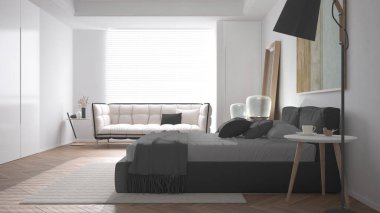 Gri tonlu modern, minimalist yatak odası, yastıklı, yorganlı ve battaniyeli çift yatak, parke, büyük pencere ve kanepe, komodin, lamba, halı ve dekorasyon fikri, iç mimari fikri.