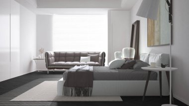 Modern, minimalist yatak odası koyu tonlarda, yastıklı, yorganlı ve battaniyeli çift kişilik yatak, parke, büyük pencere ve kanepe, komodin, lamba, halı ve dekorasyon fikri, iç mimari fikri