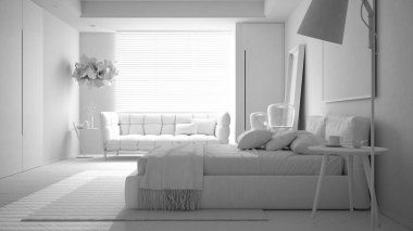 Tamamen beyaz proje, modern minimalist yatak odası, yastıklı çift kişilik yatak, yorgan ve battaniye, parke, büyük pencere ve kanepe, komodin, lamba, halı ve dekorasyon fikri, iç mimari fikri