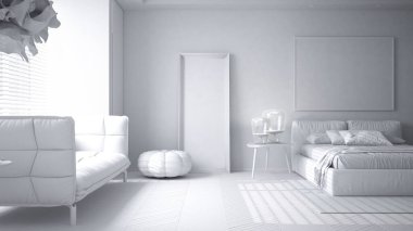 Tamamen beyaz proje, modern parlak yatak odası, yastıklı, yorgan ve battaniyeli çift yatak, parke, pencere ve kanepe, lambalı masa, puf, halı, iç tasarım konsepti olan ayna