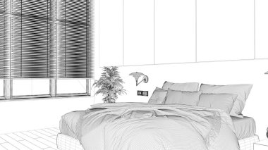 Proje taslağı, panoramik minimalist yatak odası parke, büyük pencere, ev bitkileri, yumuşak yorgan ve yastıklar. Çevre yeşili kavramı, iç tasarım