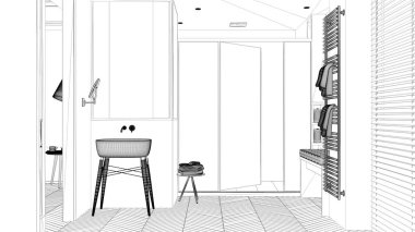 Taslak proje taslak, lavabolu minimalist banyo, cam kabinli duş, ısıtılmış kule korkuluğu, havlular, herringa kemiği parke, Venedik panjurlu pencere, iç tasarım konsepti
