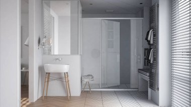 Mimari iç mimar konsepti: elle çizilmiş tamamlanmamış taslak proje, lavabolu banyo tasarımı, duş kabini, ısıtmalı kule korkuluğu, parke, jaluzili pencere