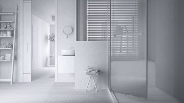 Tamamen beyaz proje, minimalist banyo büyük duşlu cam kabin, merdiven rafı, havlulu masa, herringa kemiği parke, jaluzili pencere, iç tasarım konsepti
