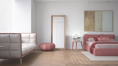 Modern parlak minimalist yatak odası kırmızı tonlarda, yastıklı, yorganlı ve battaniyeli çift yatak, parke, pencere ve kanepeli masa lambalı, ayna puf, halı, iç tasarım fikri