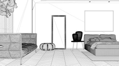 Taslak proje taslağı, modern parlak yatak odası, yastıklı, yorganlı ve battaniyeli çift yatak, parke, pencere ve kanepe, lambalı masa, puf, halı, iç tasarım fikri