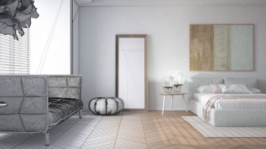 Mimari iç mimar konsepti: bitirilmemiş el yapımı taslak proje gerçek oluyor, yatak odası, yastıklı yatak odası ve battaniyeli yatak, parke, pencere ve kanepe, puf, halı ile ayna