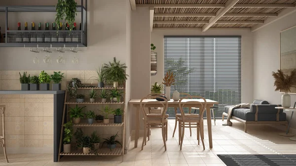 Hyggelig Træ Bæredygtig Stue Grå Toner Med Bambus Loft Sofa - Stock-foto