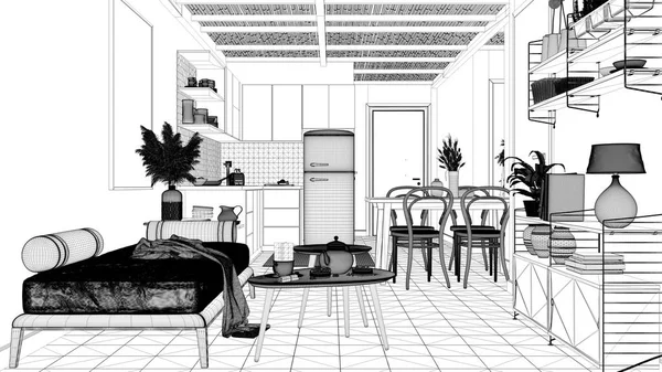 Projekt Projektu Projekt Przytulny Salon Kuchnia Bambusowym Sufitem Kanapa Półki — Zdjęcie stockowe