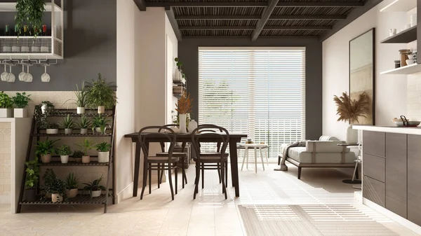 舒适的木制可持续客厅和厨房 色调幽暗 有竹制天花板 椅子盆栽植物 陶瓷地板 环境友好型室内设计 — 图库照片