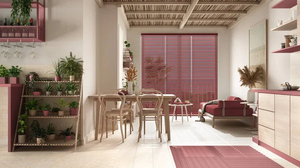 Acogedora Sala Estar Sostenible Madera Cocina Tonos Rojos Con Techo — Foto de Stock