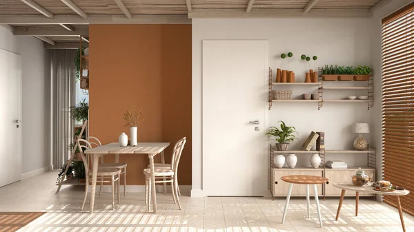 Cosy wooden sustainable living room and dining in orange tones with bamboo ceiling. Bookshelf, table with chairs. Potted plants. Ceramic floor. Environmental friendly interior design