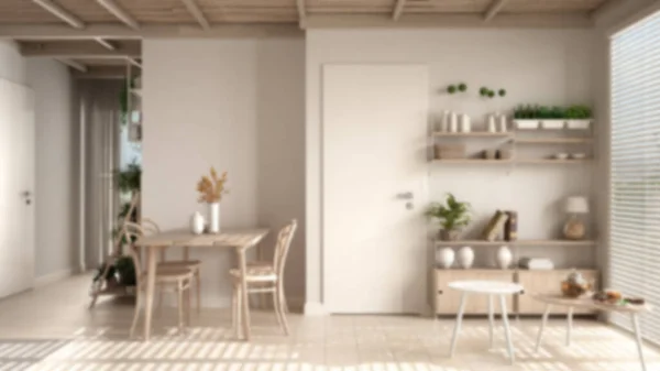 Blur background, cosy sustainable living room and dining with bamboo ceiling. Bookshelf, table with chairs. Plants and ceramic floor. Environmental friendly interior design