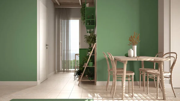 Acolhedor Sala Jantar Sustentável Madeira Tons Verdes Com Janela Panorâmica — Fotografia de Stock
