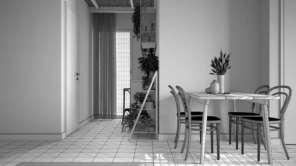 Befejezetlen Projekt Hangulatos Fenntartható Étkező Ablakkal Bambusz Mennyezettel Asztal Székekkel — Stock Fotó