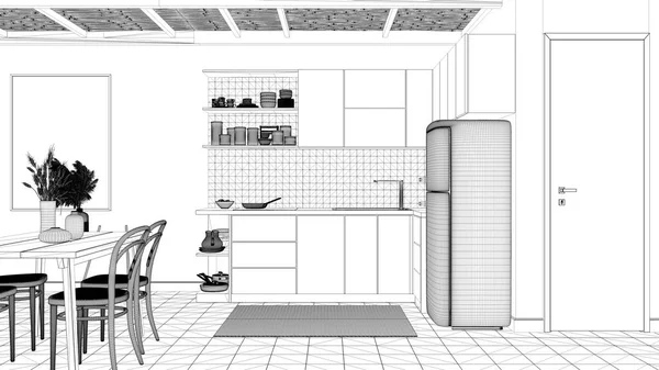 竹の天井と居心地の良い持続可能なダイニングルームとキッチンの青写真プロジェクトの草案 テーブル 冷蔵庫 家電製品 セラミックタイル 環境に優しいインテリアデザイン — ストック写真