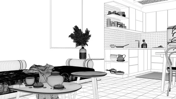 청사진은 아늑하고 부엌과 거실을 현대의 소파와 테이블과 만드는 계획이다 주전자 — 스톡 사진