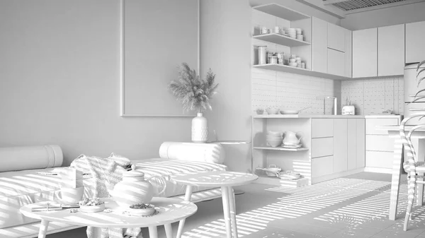 Progetto Total White Accogliente Cucina Soggiorno Sostenibile Con Divano Tavolini — Foto Stock