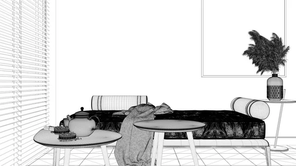 毛布とコーヒーテーブル付きのモダンなソファ付きの居心地の良いリビングルームの青写真プロジェクトドラフト ティータイム グラスティーポット ティーカップ 環境に優しいインテリアデザイン — ストック写真