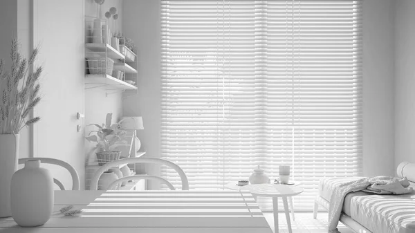 Konforlu Sürdürülebilir Oturma Odasının Beyaz Projesi Yemek Masası Vazolar Tahıldan — Stok fotoğraf