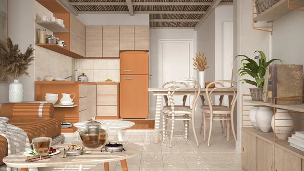 Przytulne Drewniane Zrównoważonej Kuchni Salonu Odcieniach Pomarańczy Nowoczesną Sofą Stolikami — Zdjęcie stockowe