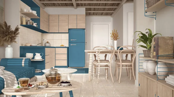 Gezellige Houten Duurzame Keuken Woonkamer Blauwe Tinten Met Moderne Bank — Stockfoto
