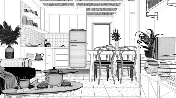 居心地の良い持続可能なキッチンとモダンなソファとコーヒーテーブル付きのリビングルームの青写真プロジェクトドラフト ティータイム グラスティーポット ティーカップ 環境に優しいインテリアデザイン — ストック写真