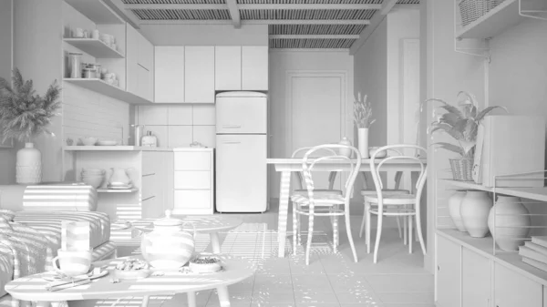 舒适的可持续厨房和客厅与现代沙发和咖啡桌的整体白色项目 茶时间 玻璃茶壶 茶杯和小吃 环境友好型室内设计 — 图库照片