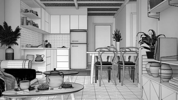 Незавершенный Проект Уютной Устойчивой Кухни Гостиной Современным Диваном Журнальными Столиками — стоковое фото