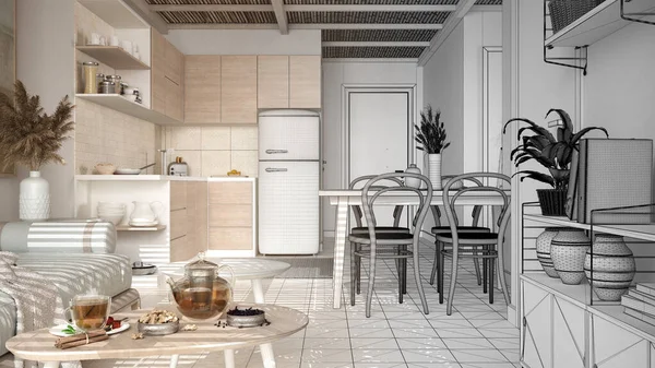 Arquiteto Conceito Designer Interiores Projeto Inacabado Que Torna Real Cozinha — Fotografia de Stock