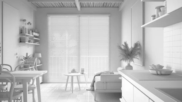 整个白色工程的舒适可持续的客厅和厨房与竹制天花板 瓷砖地板 环境友好型室内设计 — 图库照片