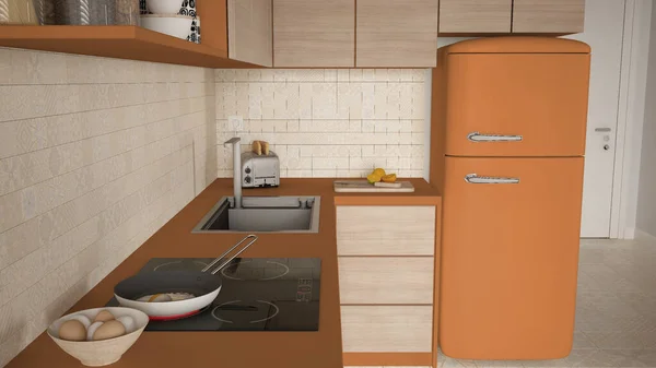Cosy Kayu Berkelanjutan Dapur Dalam Nada Oranye Dengan Induksi Cangkul — Stok Foto