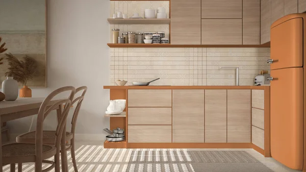 Cosy Wooden Sustainable Dining Room Kitchen Orange Tones Ceramic Tiles — Foto de Stock