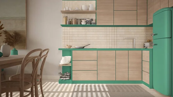 Cosy Wooden Sustainable Dining Room Kitchen Turquoise Tones Ceramic Tiles — Zdjęcie stockowe