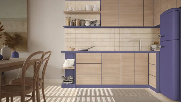 Cosy Wooden Sustainable Dining Room Kitchen Purple Tones Ceramic Tiles — Fotografia de Stock