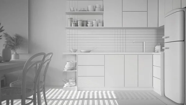 全白色工程的舒适可持续的餐厅和厨房用瓷砖 平底锅 家用电器 桌子和椅子 环境友好型室内设计 — 图库照片