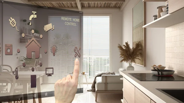 Smart Home Control Concept Hand Controlling Digital Interface Mobile App — ストック写真