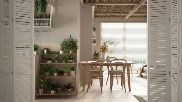 舒适的可持续餐厅和客厅 有桌子和椅子 大窗户和盆栽植物 室内设计 建筑师的概念 模糊的背景 白色折叠门打开 — 图库照片