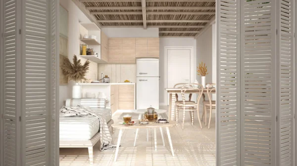 舒适的可持续厨房和客厅的白色折叠式门窗 配有餐桌 沙发和咖啡桌 室内设计 建筑师概念 模糊的背景 — 图库照片