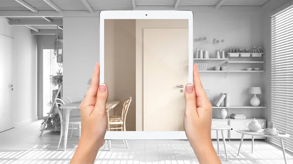 Hands Holding Tablet Showing Cosy Dining Room Table Total Blank — Fotografia de Stock