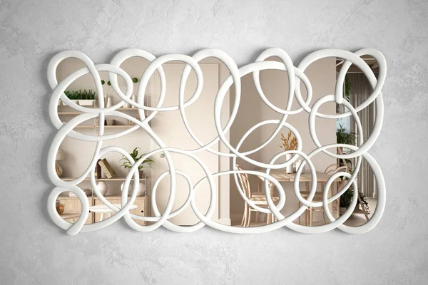 Modern Twisted Shape Mirror Hanging Wall Reflecting Interior Design Scene — 스톡 사진