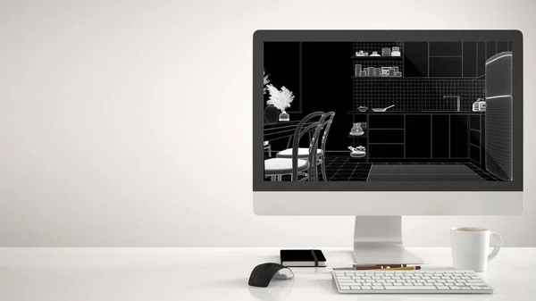 Architect House Project Concept Desktop Computer White Background Work Desk — Stockfoto
