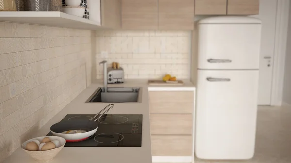 Interior Design Depth Field Cosy Kitchen Induction Hob Pan Fried — Stock Photo, Image