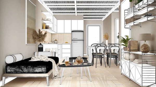 Blueprint Project Draft Sketch Cosy Wooden Living Room Kitchen Dining — Φωτογραφία Αρχείου