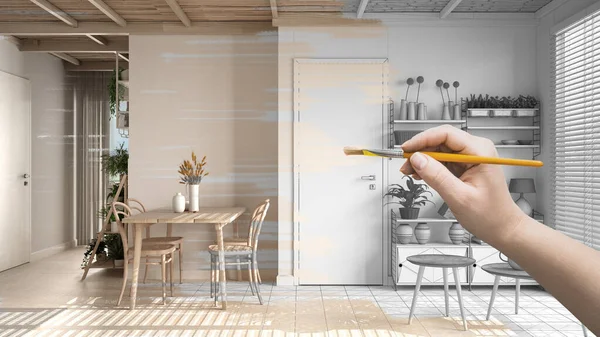 Blueprint Project Draft Sketch Cosy Living Room Dining Table Hand — Fotografia de Stock