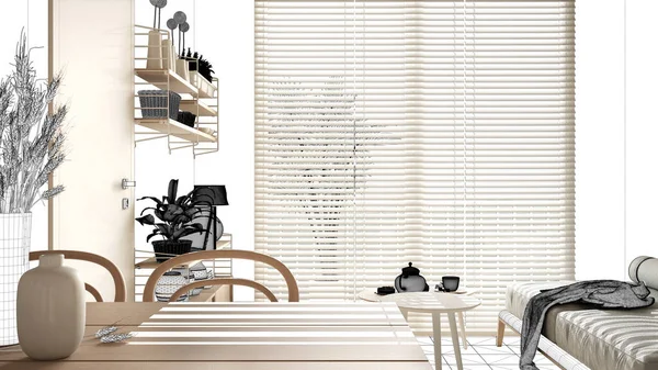 Acolhedor Sala Estar Madeira Com Mesa Jantar Cadeiras Apartamento Sustentável — Fotografia de Stock