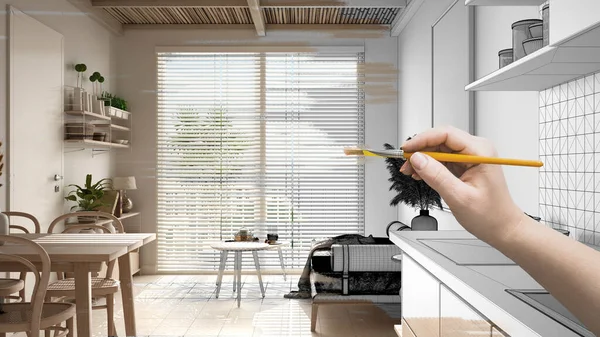 Blaupause Projektskizze Skizze Eines Gemütlichen Hölzernen Wohnzimmers Handbemalte Innendetails Gestaltungsidee — Stockfoto