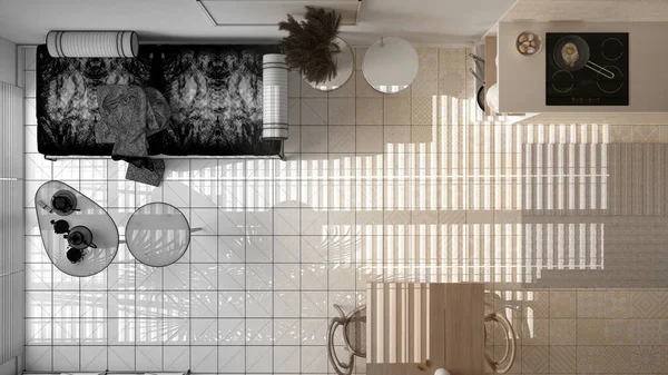 인테리어 디자이너 주방과 거실이 미완성 프로젝트 테이블 친화적 인내적 위에서 — 스톡 사진